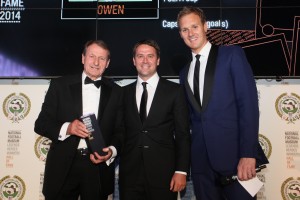 Michael Owen receives his Hall Of Fame award from Roger Hunt, with Dan Walker, 2014. Picture: Karin Albinsson
