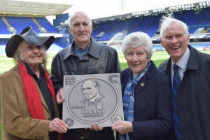 Artist Paul Trevillion presenting the Alf Ramsey Football Walk Of Fame plaque at Portman Road, alongside (l-r) Andy Nelson, Pat Godbold & Ray Crawford.