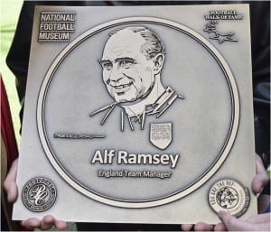 Football Walk Of Fame plaque depicting Sir Alf Ramsey, by Paul Trevillion.