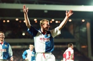 Blackburn v Arsenal league match at Ewood Park, Wednesday 8th March 1995. Blackburn's Alan Shearer celebrates after scoring goal, team mate Chris Sutton in background. Final score: Blackburn 3-1 Arsenal. Pic via Mirrorpix