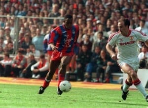 Ian Wright tackles Mike Phelan in FA cup final 1990 Crystal Palace v Manchester United. Pic via Mirrorpix. Picture Shows Ian Wright tackles Mike Phelan in FA cup final 1990
