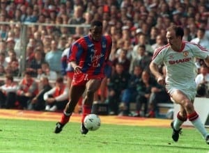 Ian Wright tackles Mike Phelan in FA cup final 1990  Crystal Palace v Manchester United. Pic via Mirrorpix. Picture Shows Ian Wright tackles Mike Phelan in FA cup final 1990